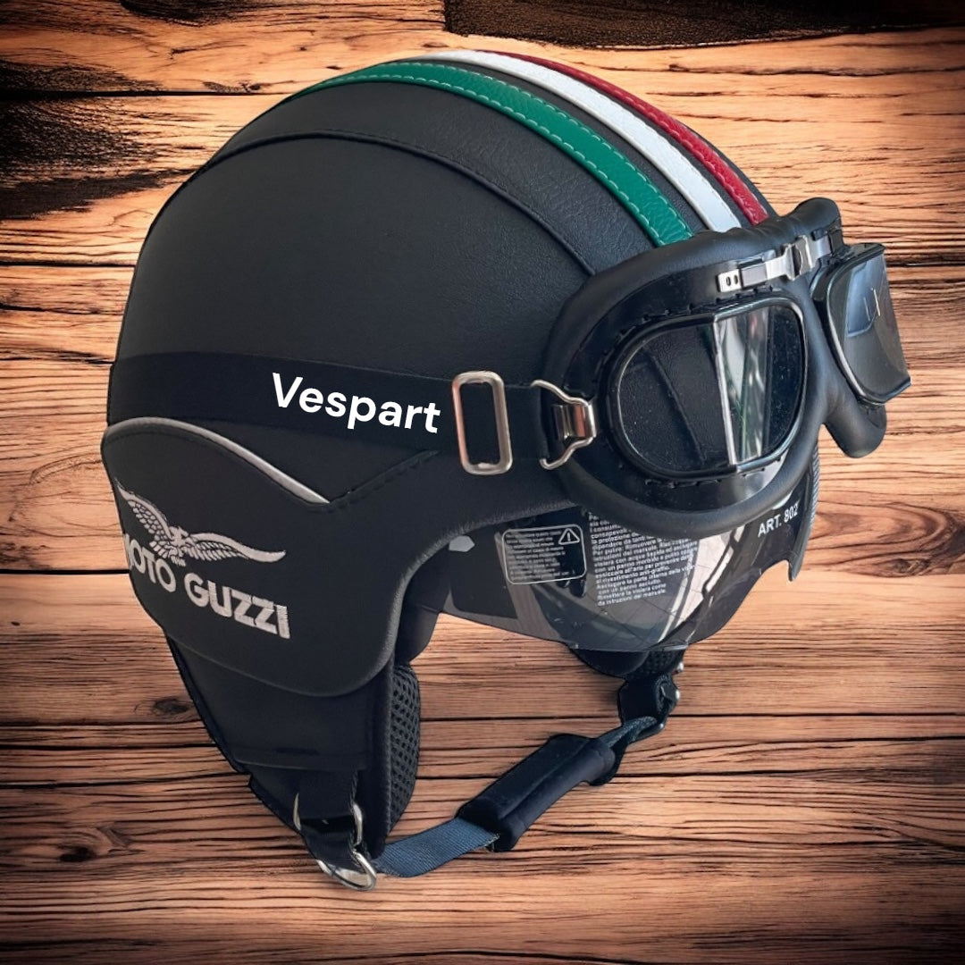 Casco Vintage in pelle personalizzato Compatibile Moto Guzzi Bandiera Italia